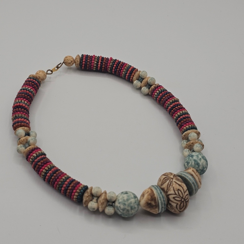 Beaded Statement Necklace Multicolor Boho Tribal Chunky Earthy - Picture 10 of 12